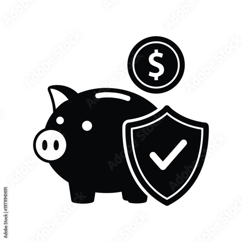 Black piggy bank with shield and dollar coin on white background