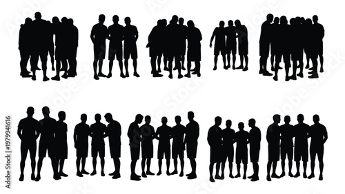 A collection of black silhouettes depicts various groups of people primarily men standing together in casual attire high quality professional detailed