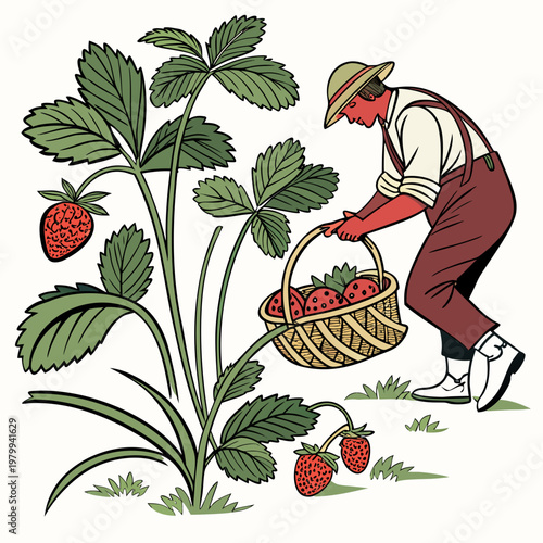 Man in overalls picking strawberries from a plant with a basket