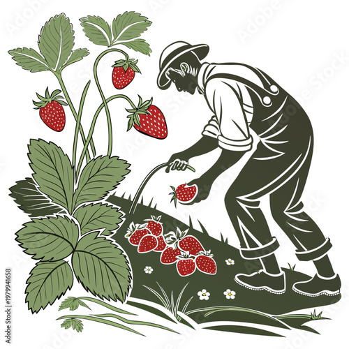 Man picking strawberries from a lush green plant with ripe red fruit in a garden setting