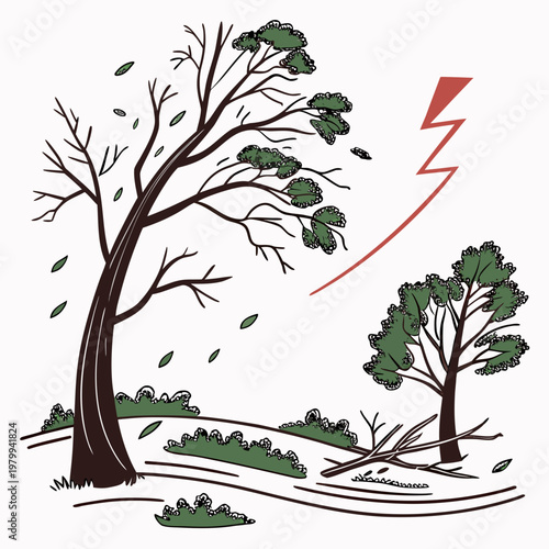 Illustration of trees being blown in the wind with a lightning bolt during a storm