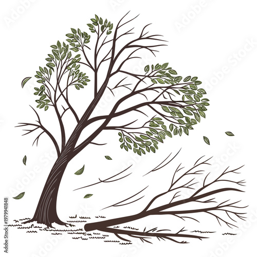 A tree with green leaves and bare branches falling over in a strong wind