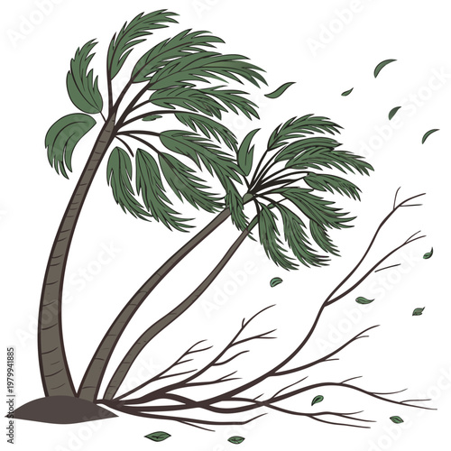 Illustration of a palm tree being blown in the wind with leaves falling