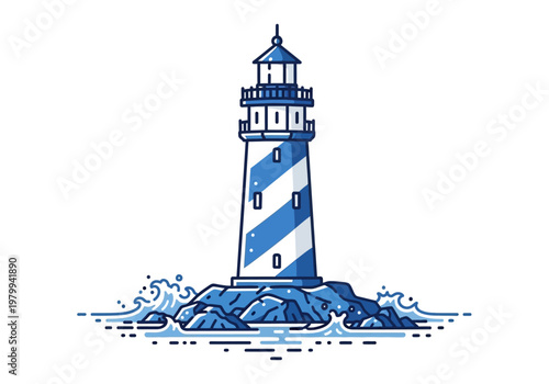 Blue and white striped lighthouse standing rocky island with crashing waves and ocean water