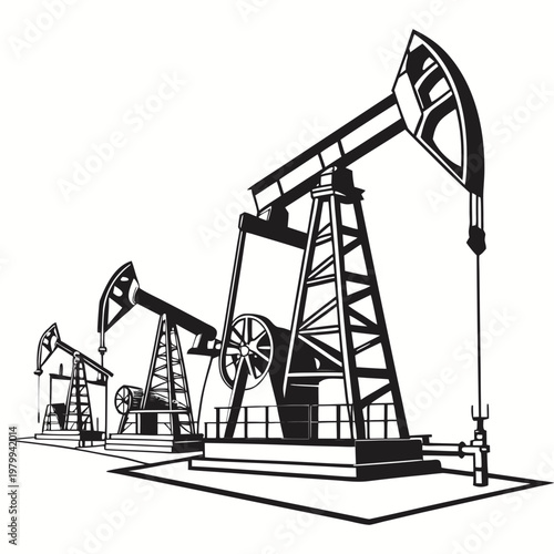 Black and white illustration of oil pumps on a, depicting industrial equipment