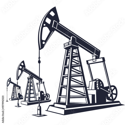 An illustration of three oil pump jacks on a used for extracting crude oil