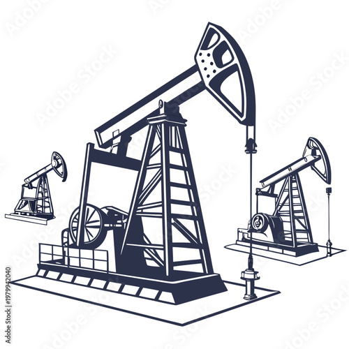 Illustration of three oil pump jacks on a, used for extracting crude oil