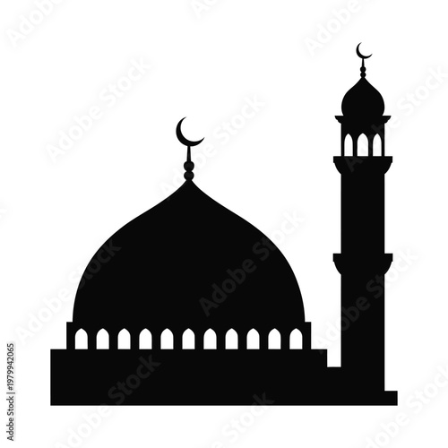 Black silhouette of a mosque with minaret and crescent moon isolated on white background