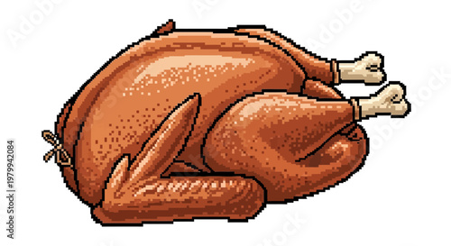 Pixel roasted turkey with golden brown skin and visible bones white background food