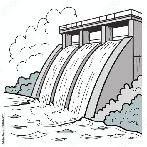 A grayscale illustration of a dam with water overflowing from the spillway into a river