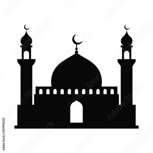 Black silhouette of a mosque with minarets and crescent moons isolated on white background