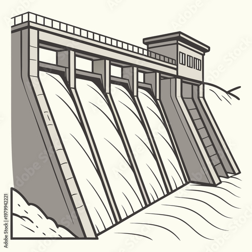 Illustration of a dam with water flowing out, hydroelectric power generation structure
