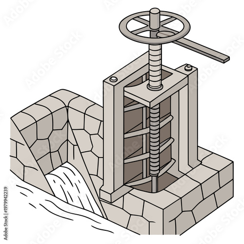 A stone dam with a large metal screw gate valve controlling water flow