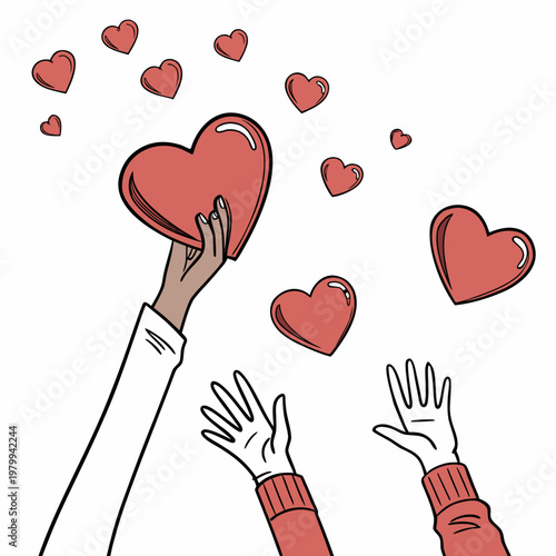 Canvas Print Hands reaching for heart surrounded by floating hearts
