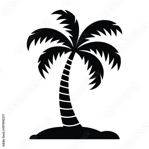 Black silhouette of a palm tree on a small mound isolated on white background