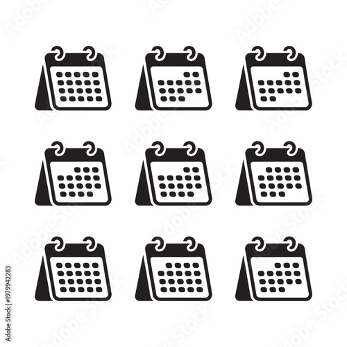 Nine black calendar icons arranged in a symmetrical three by three grid