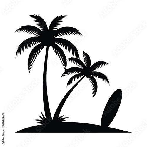 Black silhouette of palm trees and surfboard on beach isolated on white background