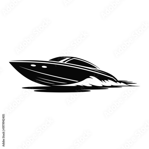 Black speedboat moving fast on water isolated on white background