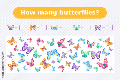 I spy game for kids. Butterflies theme.Spring oraa summer game. Educational matherials.Count objects. How many butterflies. Educational mathematical game with insects. Count the objects. Vector