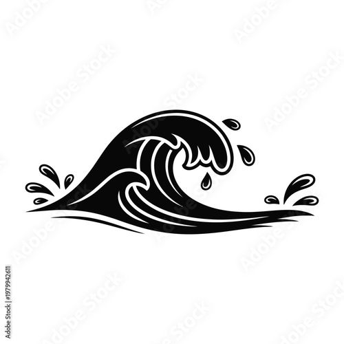 Black wave icon with water splashes isolated on white background