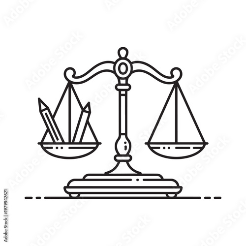 Scales of justice with pencils representing balance and legal writing