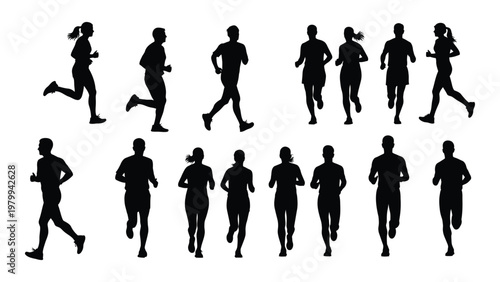 A collection of black silhouettes depicts a diverse group of people actively running or jogging showcasing movement high quality professional detailed