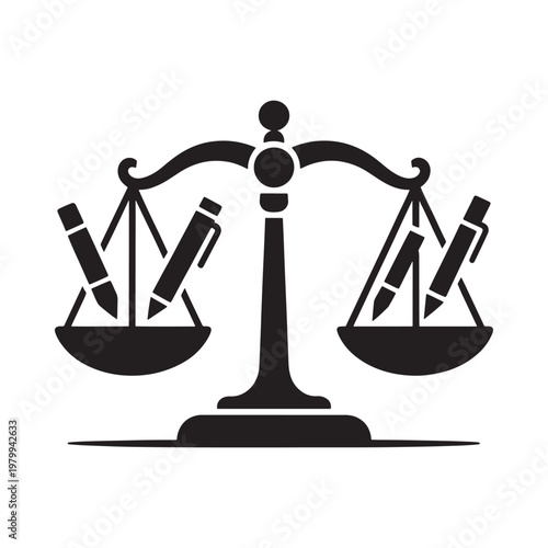 Scales of justice with pens balancing law writing and advocacy