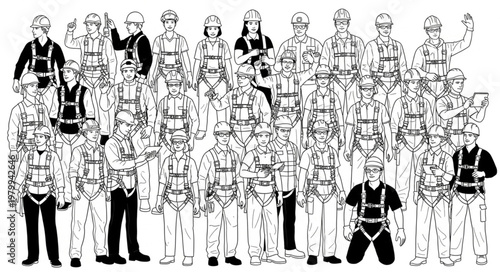 Group of People Wearing Safety Harnesses for Work.