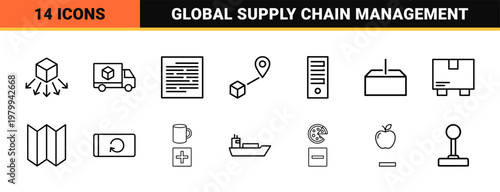 Logistics shipping and cargo delivery line icon set