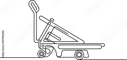 Single continuous line drawing of a wheeled hospital stretcher used for transporting patients in clinical facilities