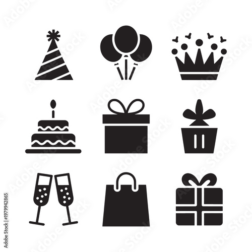 Black silhouettes depicting various celebratory items and party decorations
