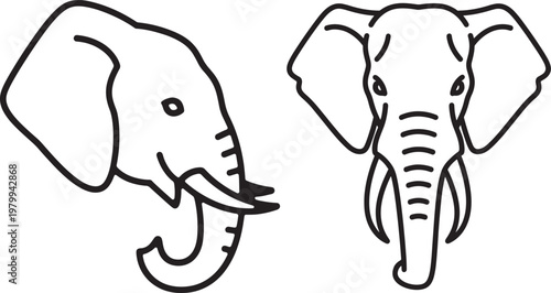 Two distinct black and white line art depictions of an elephant's head showcasing different perspectives and artistic styles