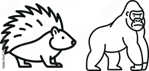 A minimalist black and white illustration depicting a hedgehog and a gorilla side by side showcasing animal diversity