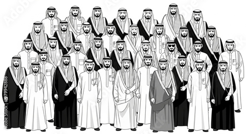 Group of Saudi Arabian men in traditional attire, portrait.