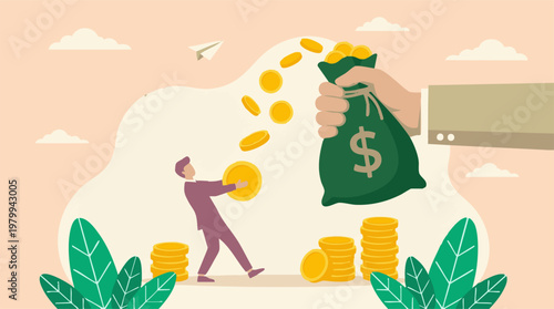 Businessman catching gold coins from a money bag, financial income concept