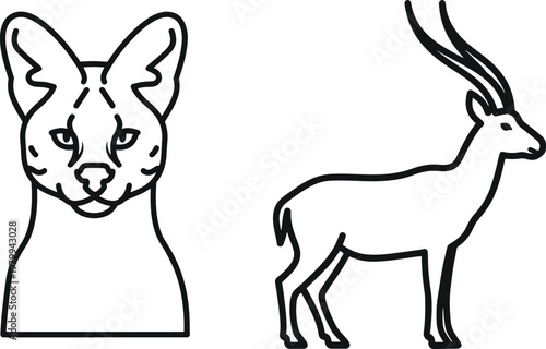 Stylized line art depiction of a sphynx cat and an impala representing african wildlife and unique animal forms