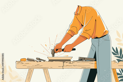 Skilled Hands Hammering Intricate Copper Leaf Design