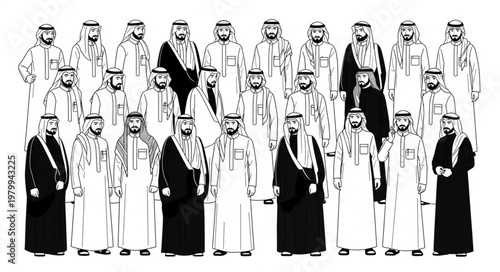 Group of Saudi Arabian men in traditional attire, standing together.