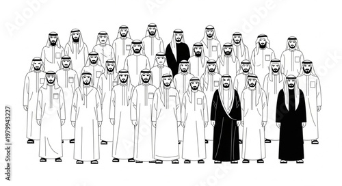 Group of Saudi Arabian men in traditional attire, standing together.