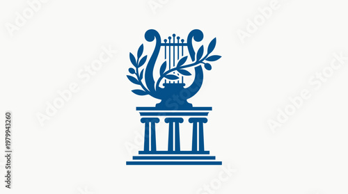 Elegant Blue Emblem of Lyre and Classical Pillars