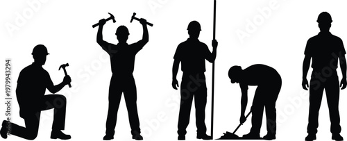 Construction, workers, silhouettes, labor, tools, hammer, digging, industry, worksite, manual, workforce, building, equipment, engineering, activity, profession, outdoor, illustration, 