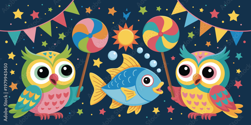 Obraz premium Cute Owl and Fish Cartoon Night Sky Kids Illustration. Cute Owl Fish Cartoon Night Festival Kids Illustration.