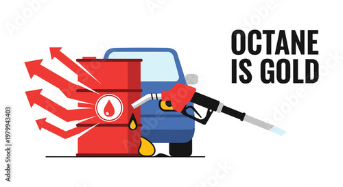 Gas pump fueling blue car with red nozzle in dynamic motion for automotive advertising