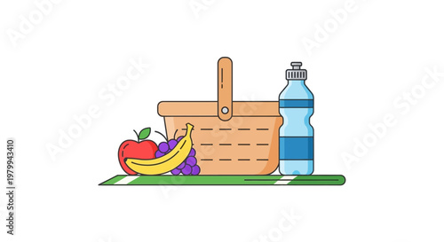 Picnic basket with fruit and bottle.