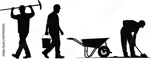Construction, workers, silhouettes, labor, tools, wheelbarrow, shovel, pickaxe, industry, worksite, manual, workforce, building, equipment, engineering, activity, profession, outdoor, illustration,