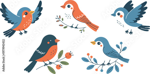 Canvas Print Set of cute birds sitting on branches and flying in simple children flat style,