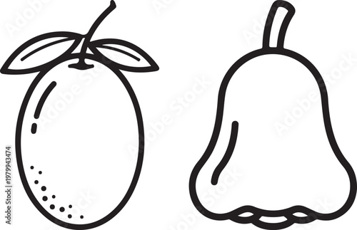 Simple line art illustration of two distinct fruits a mango and a pear side by side
