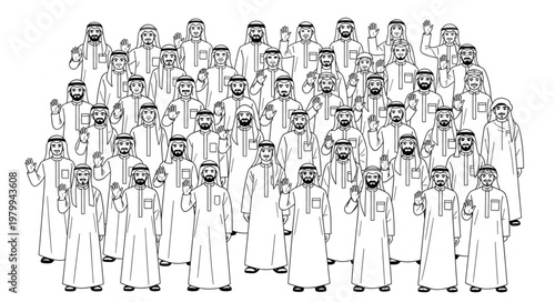 Group of Saudi Arabian men in traditional attire, standing together.