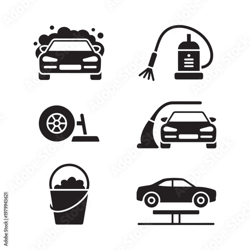 Car wash icons depicting equipment and services in silhouette style