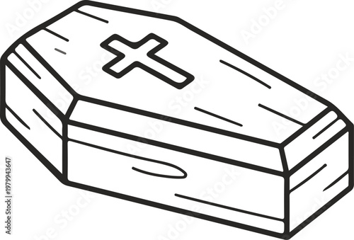 Isometric coffin line icon with cross. Hand-drawn vector illustration of a wooden casket for Halloween, funeral, or horror themes.